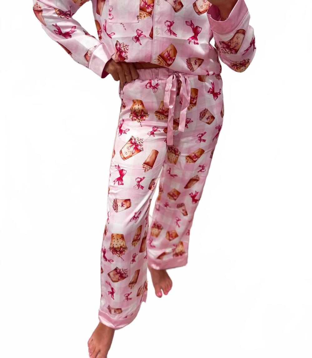 NEW PEACH LOVE coffee and bows print satin pajama pants in pink